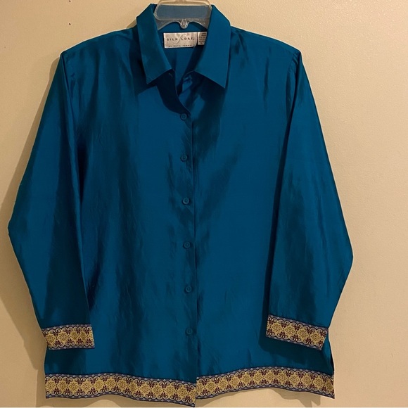 Silk Lore Button Up Shirt Size L 100% Silk Long Sleeve Embroidered Blouse - Picture 1 of 12